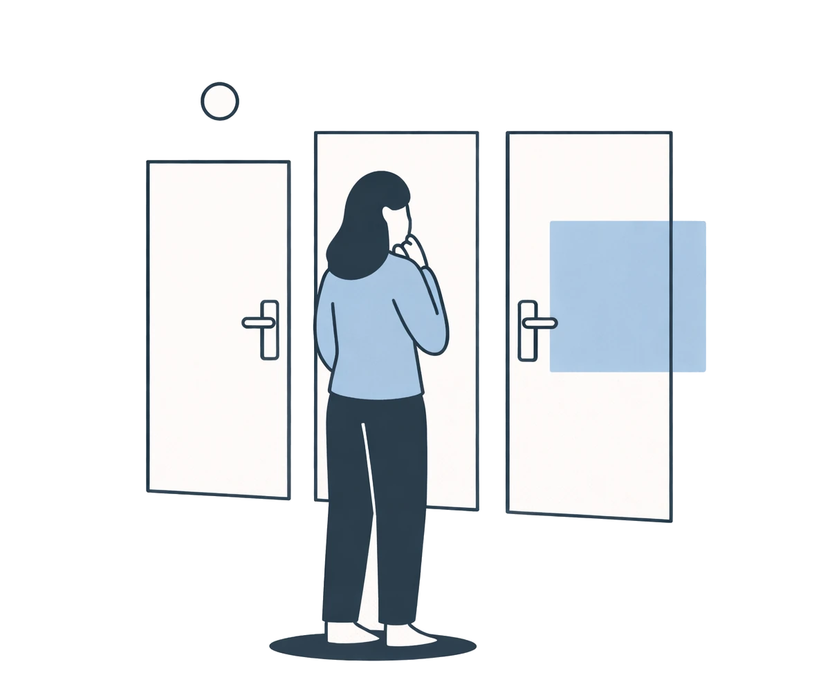 Person der overvejer hvilken dør hun skal vælge