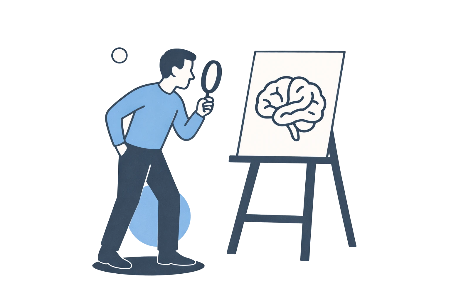 Person med forstørrelsesglas der studerer en hjerne på et staffeli