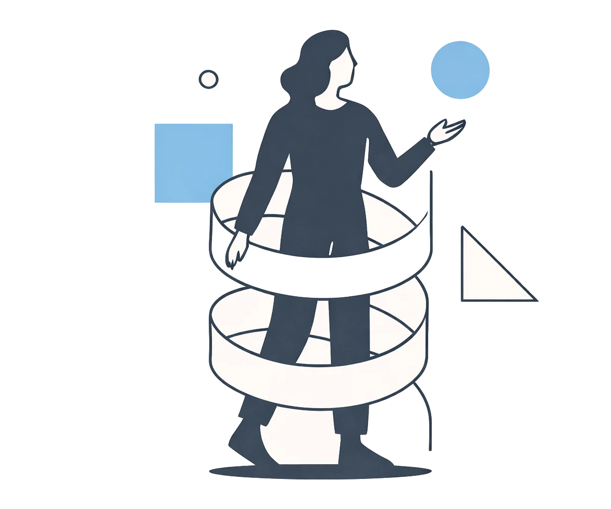 Person omgivet af spiralformede bånd og geometriske former