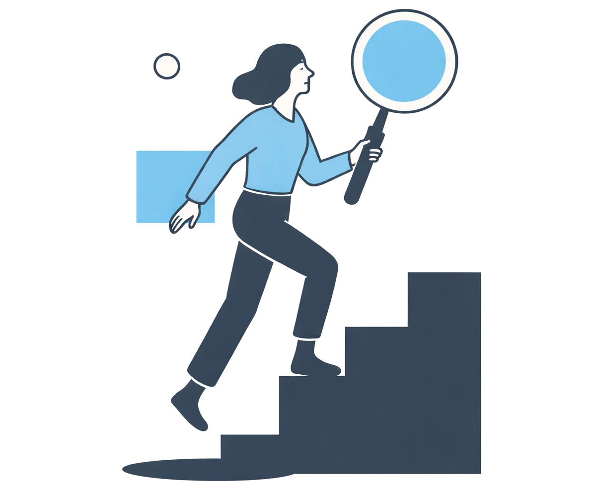 Person der løber op ad trappe med forstørrelsesglas