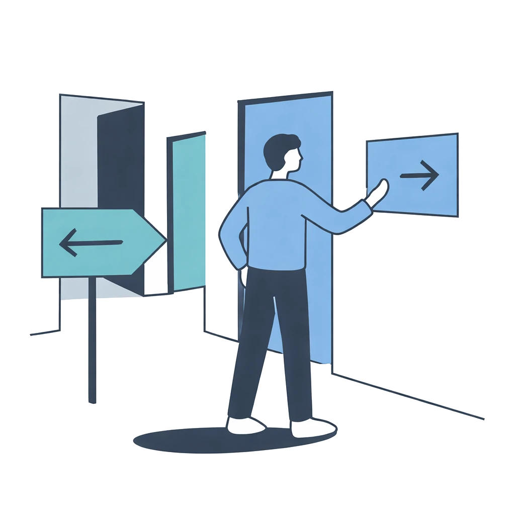 Person ved skilte og døre med pile i forskellige retninger
